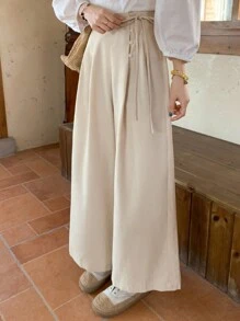 FRIFUL 女士象牙色高腰阔腿九分裤，办公室风格，春夏亚麻 - 杏色 - 查看 4