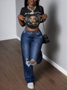 SHEIN Slayr Pantalones vaqueros rectos de mujer casuales desgastados y desteñidos