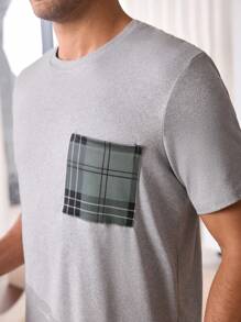 男士格子印花短袖睡衣套装（配长裤）