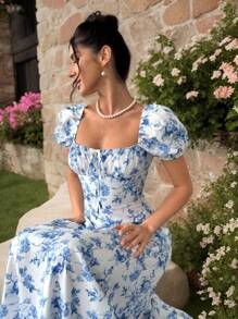 Firerie Women's White Floral Square Collar Puff Sleeve Front Tie Dress,Elegant Romantic Summer Bohemian For Garden Party Vacation,Wedding,Gala - Blue and White - View 3