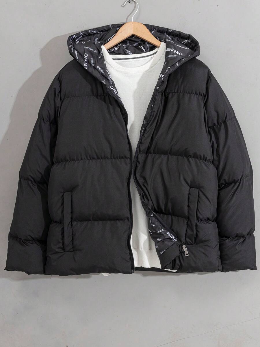 RueChic Men Allover Printed Lining Regular Hooded Padded Coat - Black - View 1