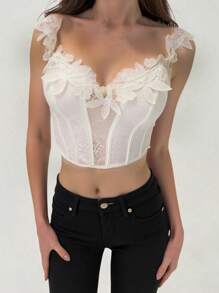 SHEIN Privé Elegant Romantic Date Night Sexy Party White Lace Trim Spaghetti Strap Lace Bralette Backless Cami Top Spring/Summer Fairycore