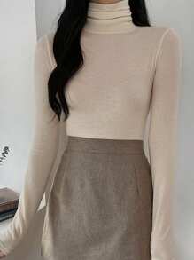 DAZY Women's Casual Solid Color Turtleneck Tight-Fitting T-Shirt, Autumn/Winter