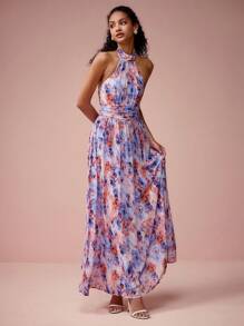 Enchnt 女士优雅花卉印花露背吊带连衣裙 - 藍色 - 查看 7