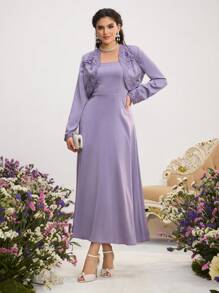 Al Najma Women's Applique Decor Long Sleeve Top And Dress Arabic Style 2pcs Outfit