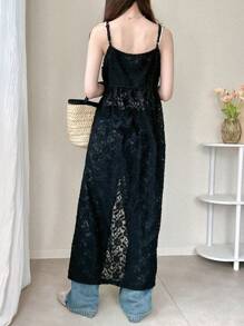FRIFUL Women's Black Long Strap Lace Dress, Elegant Ladies Dress Sundress,Casual Women Dresses