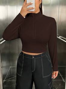 SHEIN EZwear Plus Size Women Solid Color Turndown Collar Long Sleeve Casual T-Shirt