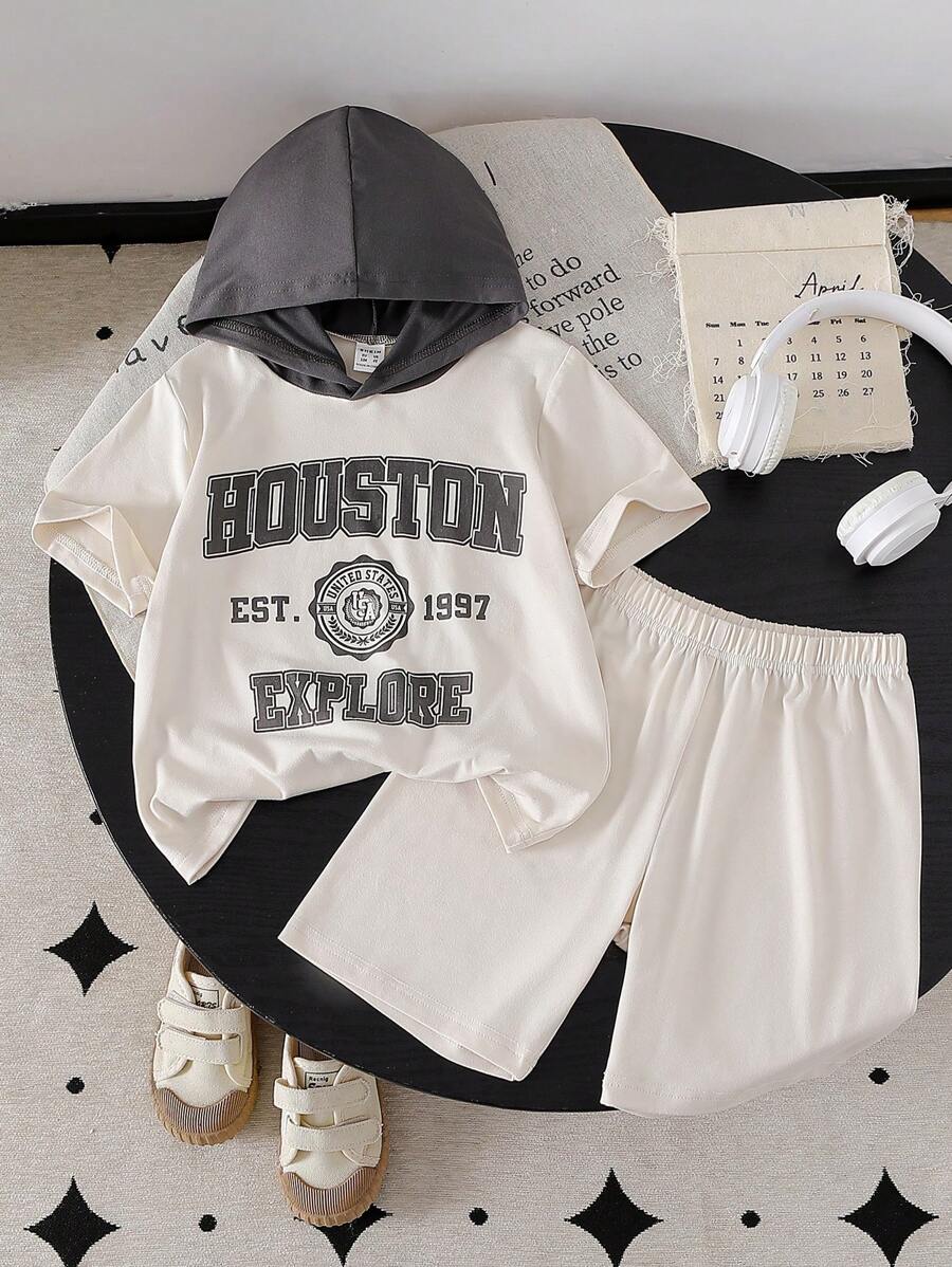 男童街头风连帽短袖T恤短裤套装，时尚嘻哈风，展现青春活力。胸前字母印花彰显个性。适合街头休闲装 - 卡其色 - 查看 1