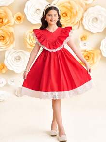 SHEIN Tween Girl Elegant Lace Trim Ruffle Collar Short Sleeve Dress - Red - View 4
