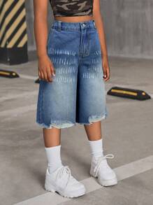 SHEIN Tween Girl Casual Ripped Loose Denim Shorts - Medium Wash - View 5