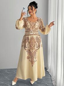 Modelyn Vestido elegante de manga larga abultada con estampado digital y cintura anudada, corte ajustado, para tallas grandes de mujer
