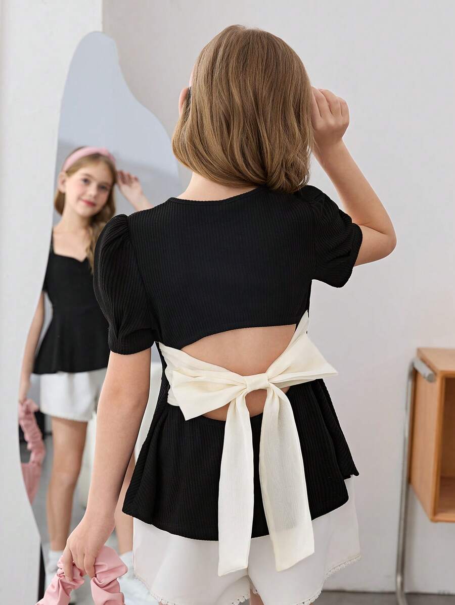 SHEIN Leap Crew T-shirt court à manches courtes, dos nu, avec nœud papillon pour jeunes filles élégant - Noir - Voir 1