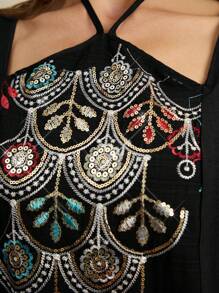 Layrah Women's Elegant Sequined Embroidered Batwing Sleeve Turkish Maxi Dress, Kaftan & Jalabiya, Luxury Evening Dresses For Women - Burgundy - View 6