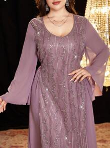 Al Najma Plus Size Women's Arabic Retro Style Luxurious Beaded Embroidered Elegant Simple Dress,Modest - Dusty Pink - View 6