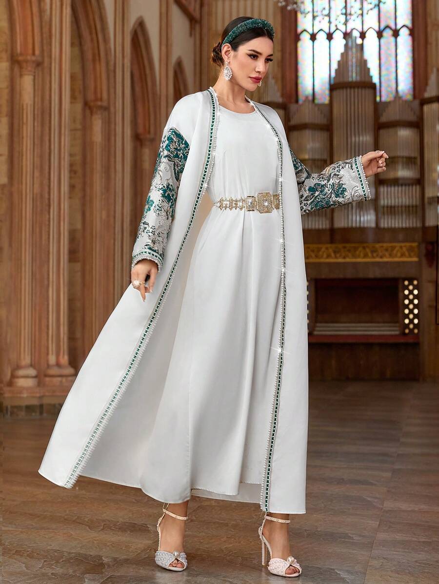 Al Najma Women's Elegant Banquet Green Jacquard Patchwork Sleeves,Gold Webbing Arabesque Coat,White Modest Robe Abaya For Spring,Valentine's Day - White - View 1