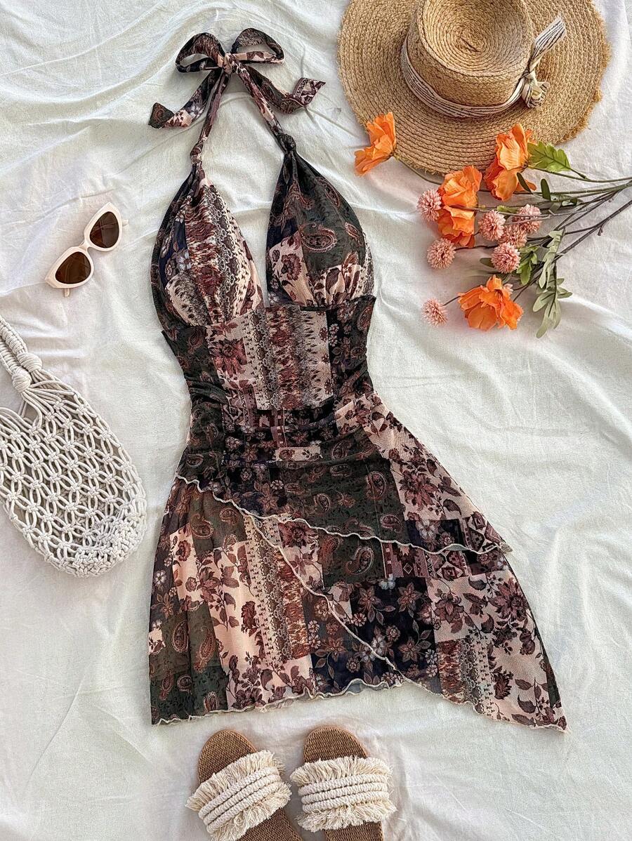 Soleia 花卉和佩斯利图案吊带 V 领系带透明褶皱浪漫度假迷你连衣裙，适合音乐节、波西米亚风、节日约会、下午茶 - 彩色 - 查看 1