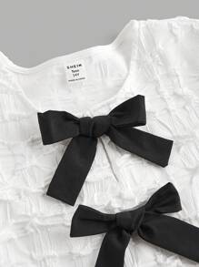 SHEIN Leap Crew Áo cánh tay bồng phối màu đơn giản buộc nơ phía trước cho bé gái tuổi teen - trắng - Xem 7