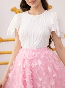 SHEIN Ensemble 2 pièces pour adolescentes : Top simple avec volants et jupe superposée en tulle - Multicolore - Voir 3