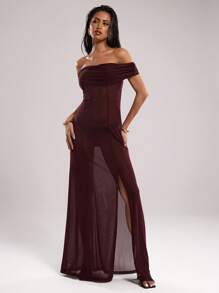 SHEIN BAE Vestido largo de gasa con hombros descubiertos y abertura lateral transparente, para conjunto de verano de playa, vacaciones, vestidos de verano para mujer, ropa de playa, vestidos de playa para mujeres, conjuntos de 2 piezas, ropa occidental para mujer, cubiertas de playa occidentales para trajes de baño, vestidos largos para mujeres