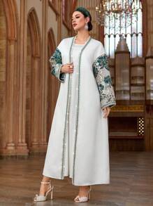 Al Najma Women's Elegant Banquet Green Jacquard Patchwork Sleeves,Gold Webbing Arabesque Coat,White Modest Robe Abaya For Spring,Valentine's Day - White - View 8
