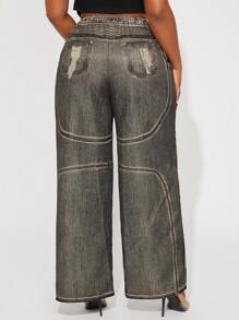 SHEIN SXY Plus Size Women Spring/Summer Denim Effect Distressed Print Elastic Waist Straight Leg Pants, Suitable For Cool Women, Date Night, Birthday, Bachelorette Party, Cute, Casual, Shopping, Ibiza,Nashville,Rave,Modest,Chic,Chill Streetwear, Going Out, Easy To Match & Look Slim, Accent Your Body, Flatter The Figure - Rust Brown - View 2