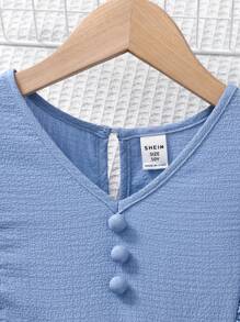 SHEIN Leap Crew Tween Girls Chiffon Ruffle V-Neck Blouse With Bowknot And Wide Leg Pants 2 Pieces Set, Casual Blue, Suitable For Spring Outings, Countryside, Garden Tea, Fashionable Outings, Back To School