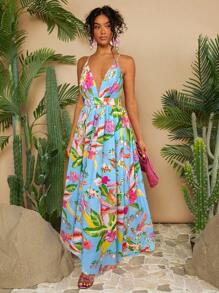 Travachic Vacation Style Women's Plant Printed Spaghetti Strap Dress