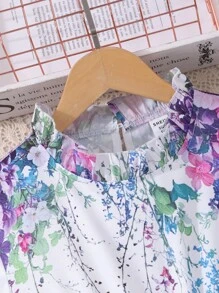 SHEIN Tween Girl Digital Floral Print Ruffle Hem Pleated Elegant Dress, With Short Sleeves, Ruffle Collar & Waist Belt,Holiday,Summer,Travel - White - View 7