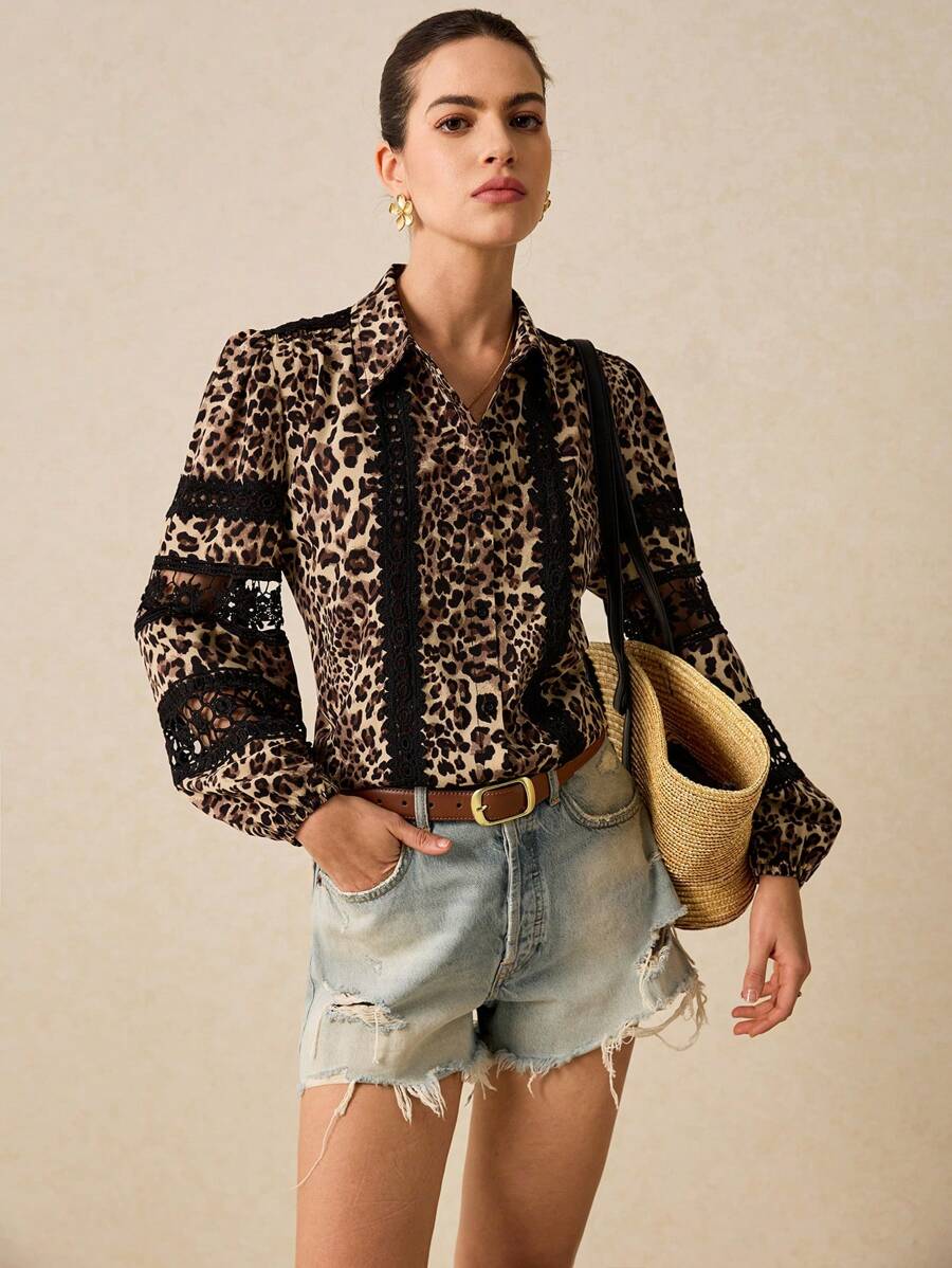 Poéselle Women's Leopard Print Contrast Lace Loose Long Sleeve Shirt, Fall/Winter, BOHO Cottagecore Heavy Duty, FW25 Boho - Multicolor - View 1
