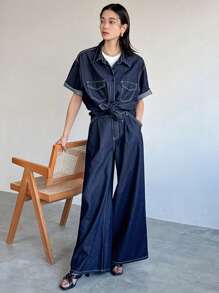 FRIFUL Conjunto de 2 piezas para mujer de pantalón largo y top de manga corta de mezclilla, de moda para el verano - Azul - Ver 5