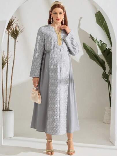 SHEIN 孕妇休闲长袖拼布缎带饰边缺口领连衣裙