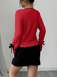 Chiquease 2024 秋冬新款时尚别致设计开袖 3D 蝴蝶结撞色边针织毛衣针织套头衫秋季