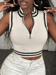 BamGleam Knitted Sleeveless Cropped Women's Sweater Vest, Standing Collar And Black And White Striped Women's Top With Diamond Zipper, Casual And Sexy Spring And Summer Women's Clothing That Meets Basic Travel Needs