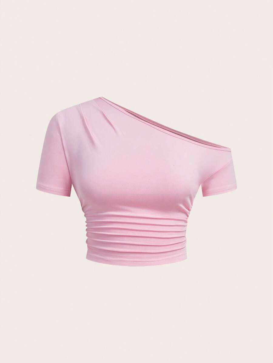 SHEIN EZwear 女士粉色不对称领口褶皱侧边短款T恤 - 粉色 - 查看 1