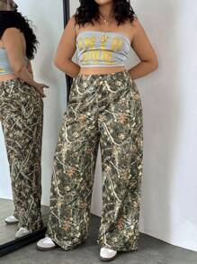 SHEIN EZwear Plus Size Women's Branch Print Pocket Loose Casual Pants Summer,Vacation Woman,Easter,Spring,Western,Office For Women,Rave,Baby Shower,Cottagecore,Country Women,Old Money Style Women,Going Out,Festival,Rodeo,Airport For Women,Kpop,Tropical Vacation Woman,Nashville,European Summer,Concert,Cowgirl,Graduation Gyaru,Hippie,Grunge,Flowy Pants Baggy Jeans Baggy Pants