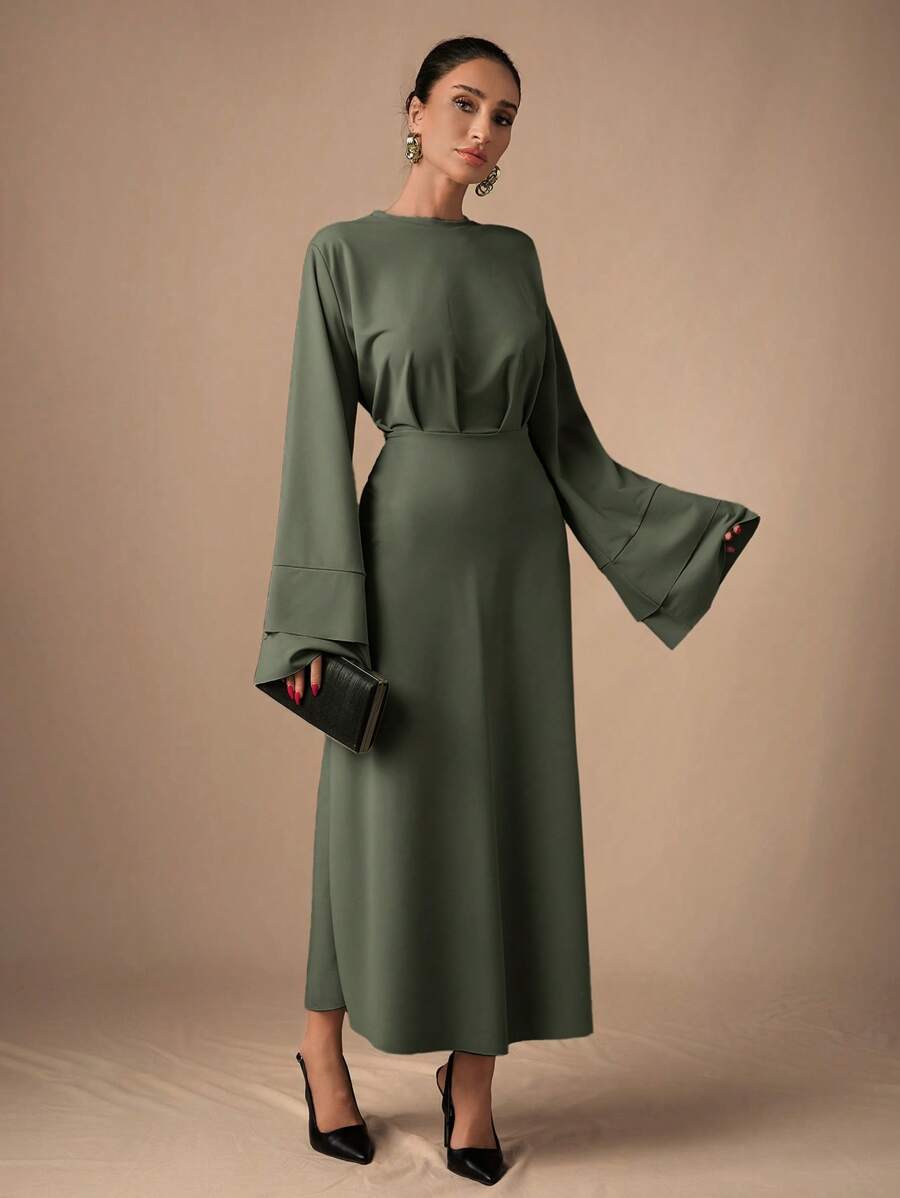 EURMUSE Women Long Sleeve Solid Color Long Dress, Casual Minimalist Fashion For Daily Wear - Olive Green - View 1