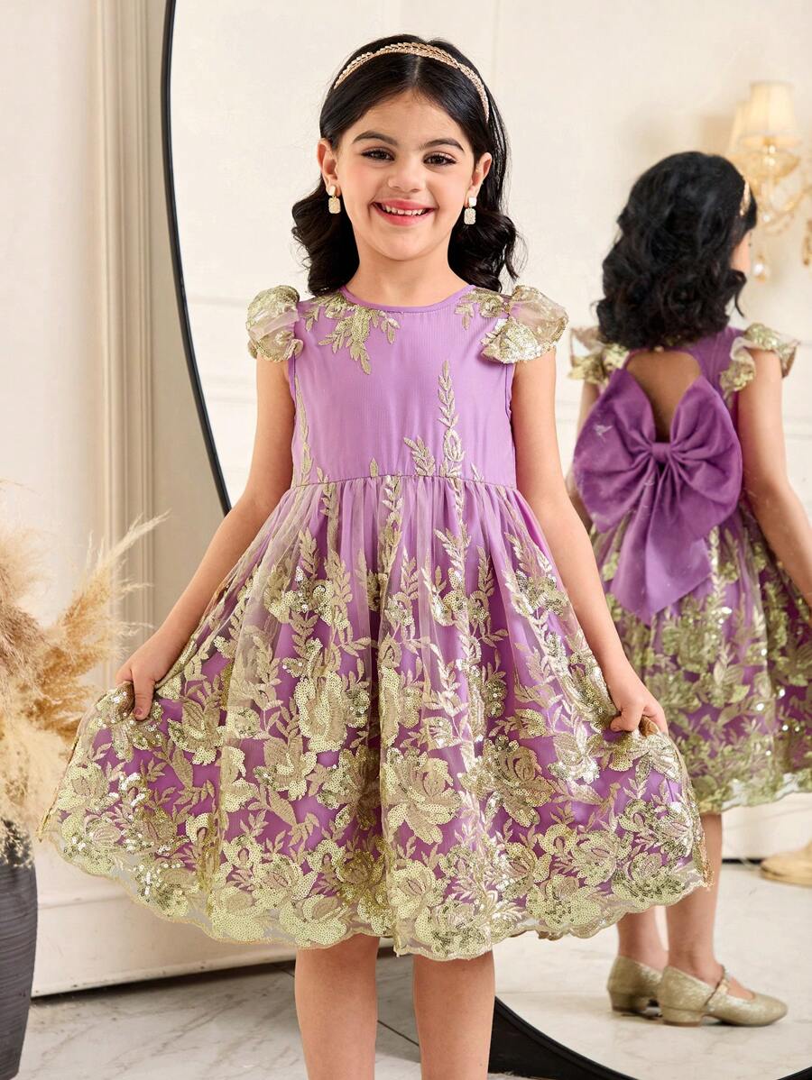 SHEIN Young Girl Woven Ruffled Fitted Dress Formal Outfit - Purple - View 1