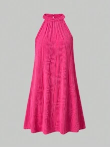SHEIN Explorewe Teen Girls Magenta Textured Fabric Elegant & Halter Neck A-Line Dress, Suitable For Wedding, Wedding Guest, Flower Girl - Hot Pink - View 1