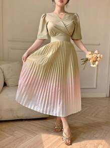 DAZY V-Neck Ombre Ruffle Waist Midi Dress For Women - Yellow - View 3