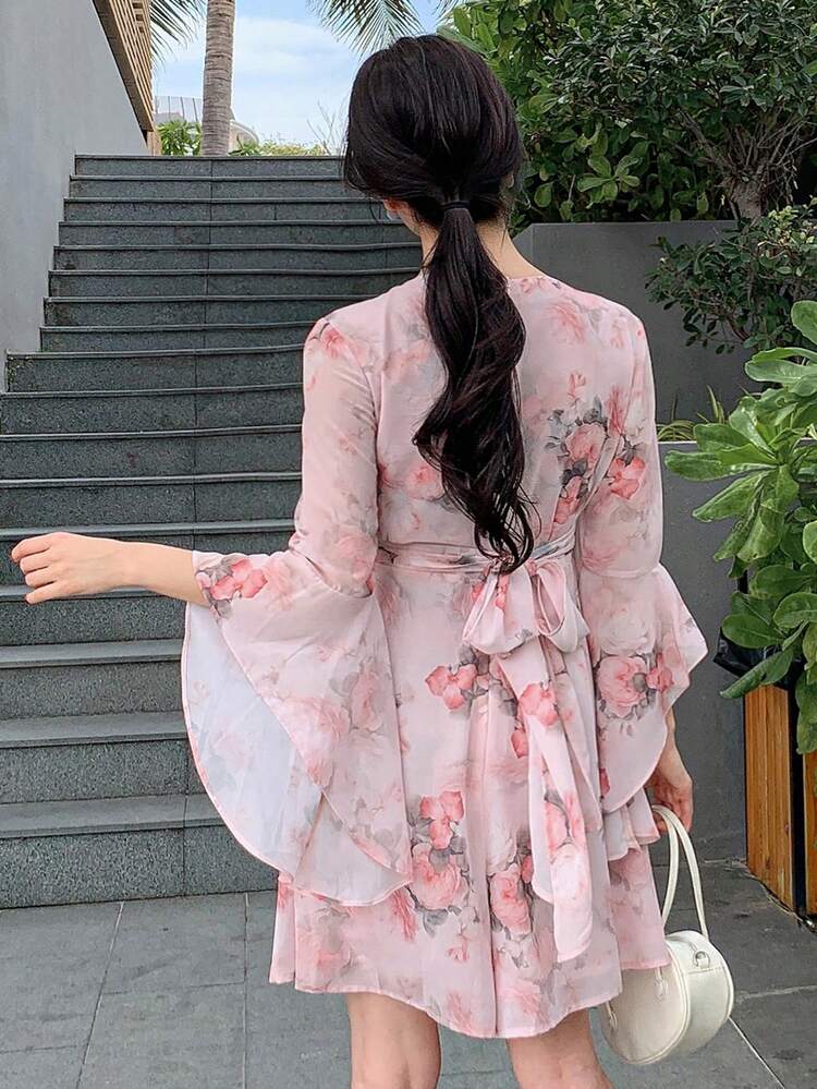 Women's All-Over Ditsy Floral Asymmetrical Ruffle Trim Flare Sleeve Shorts Playsuit, Elegant Vacation Outfit Summer Women Rompers Boho