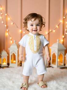 SHEIN Baby Boys' Vintage Floral Print Stand Collar Short Sleeve Romper, Spring/Summer, Suitable For Eid Festival, Holiday Celebrations, Casual Outdoor Activities, Versatile