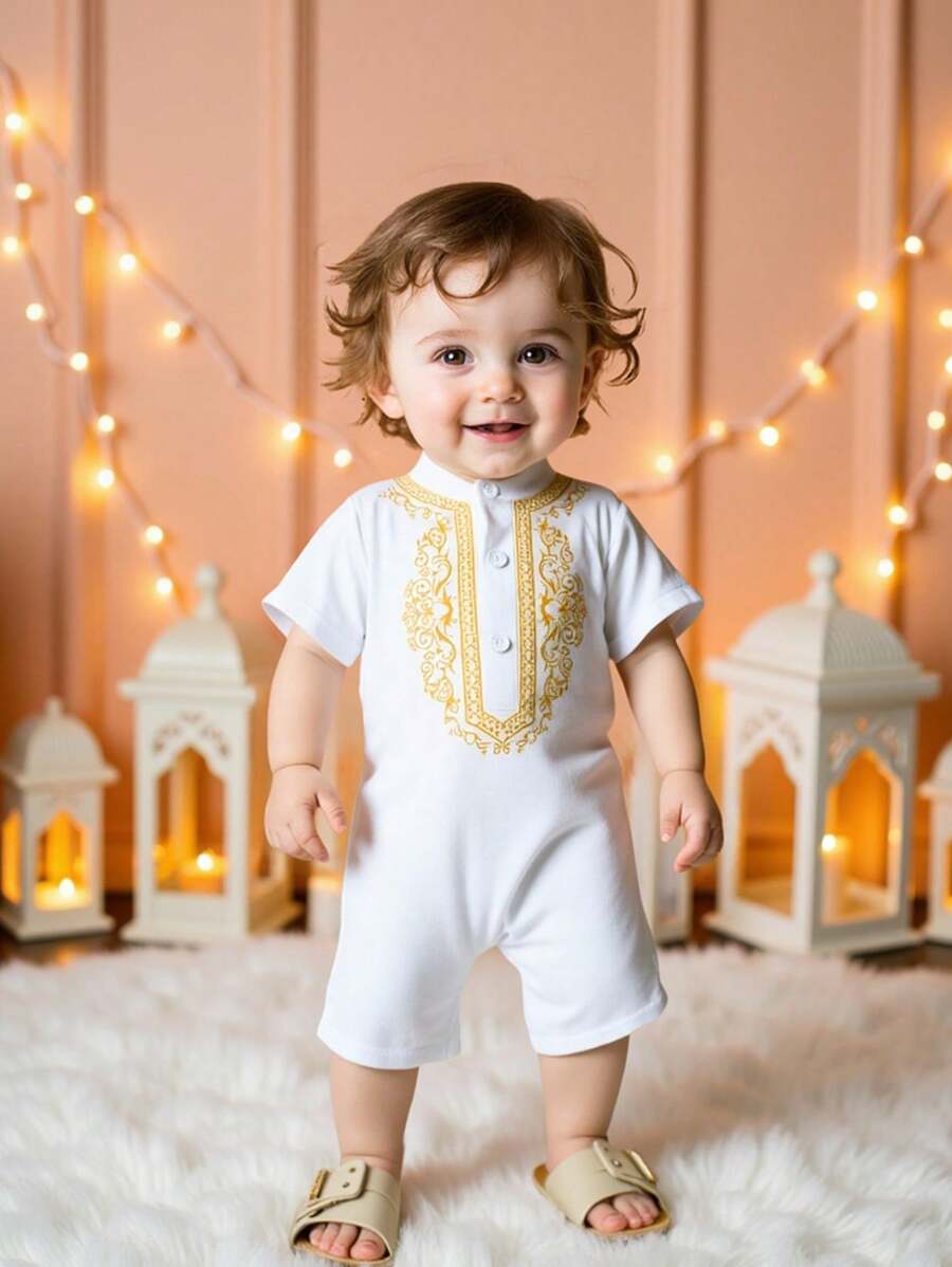 SHEIN Baby Boys' Vintage Floral Print Stand Collar Short Sleeve Romper, Spring/Summer, Suitable For Eid Festival, Holiday Celebrations, Casual Outdoor Activities, Versatile