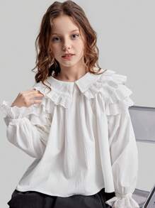 Ontre Spring & Summer Tween Girl Fashion Versatile Solid White Multi-Layer Ruffle Hem Flounce Trim Loose A-Line Long Sleeve Blouse - White - View 1