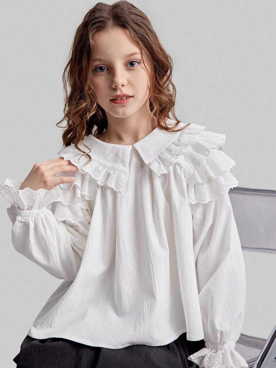 Ontre Spring & Summer Tween Girl Fashion Versatile Solid White Multi-Layer Ruffle Hem Flounce Trim Loose A-Line Long Sleeve Blouse - White - View 1