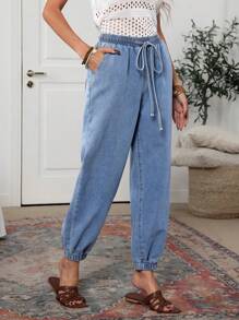 SHEIN LUNE Women's Drawstring Waist Pockets Ankle-Cuffed Jeans - Blue - View 3