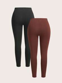 SHEIN EZwear Quần legging dệt kim màu trơn cỡ lớn cho nữ - Cà phê nâu - Xem 2