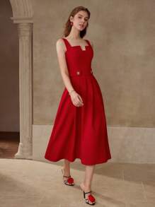 MOTF PREMIUM BUTTON DECOR FOLD PLEATED DRESS - Red - View 1