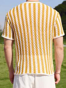 Manfinity Chillmode Men's Striped Crew Neck Short Sleeve Hollow Out Knit Top - Yellow - View 2