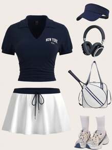 SHEIN ICON Women Y2k Short Sleeve Letter Print T-Shirt And Contrast Color Mini Tennis Skirt 2pcs Set,Everyday Wear,Sporty Style