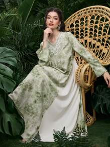Al Najma New Style Rhinestone Collar Tie Dye Contrast Insert Robe, Arabian Dresses - Green - View 1